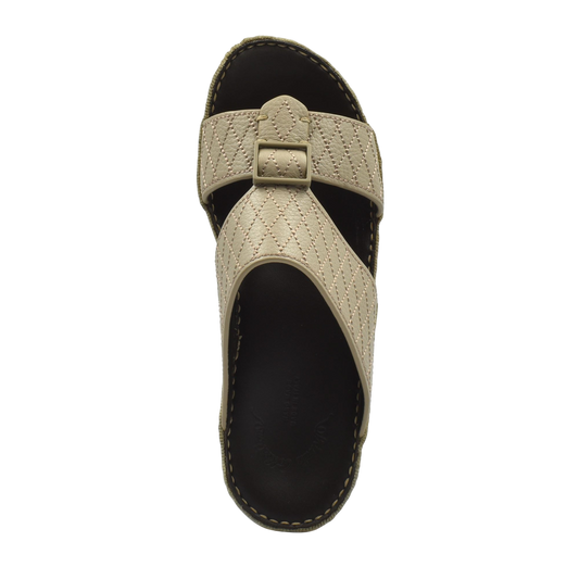Beige deercalf leather sandals with stitched detailing and adjustable buckle strap for comfort