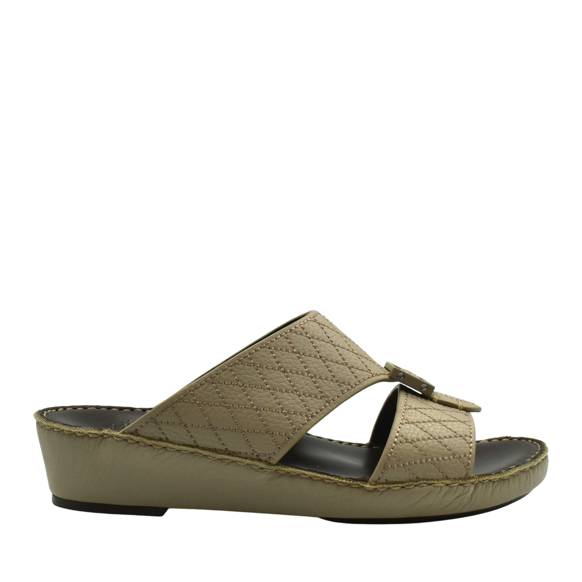 Tan deercalf leather sandals with quilted straps and cushioned sole in a slide-on style