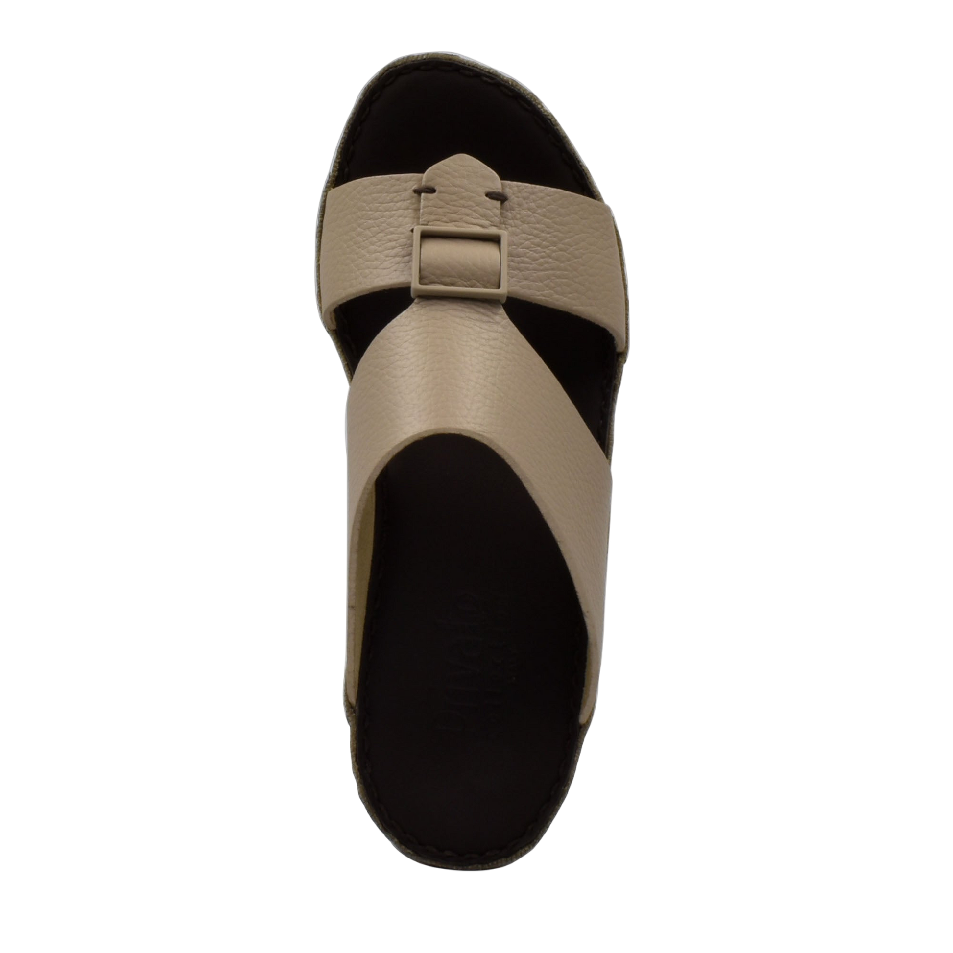 Top view of beige deercalf leather sandals with adjustable buckle strap from Private collection