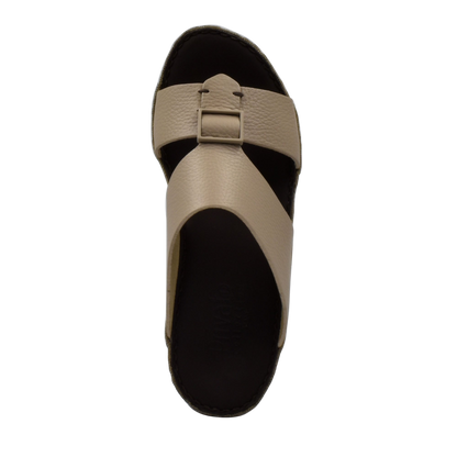 Top view of beige deercalf leather sandals with adjustable buckle strap from Private collection