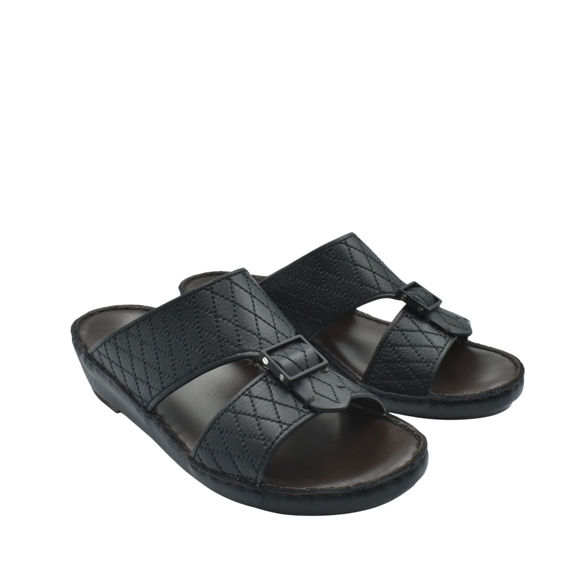 Black deercalf leather sandals with adjustable buckle straps and cushioned soles for comfort