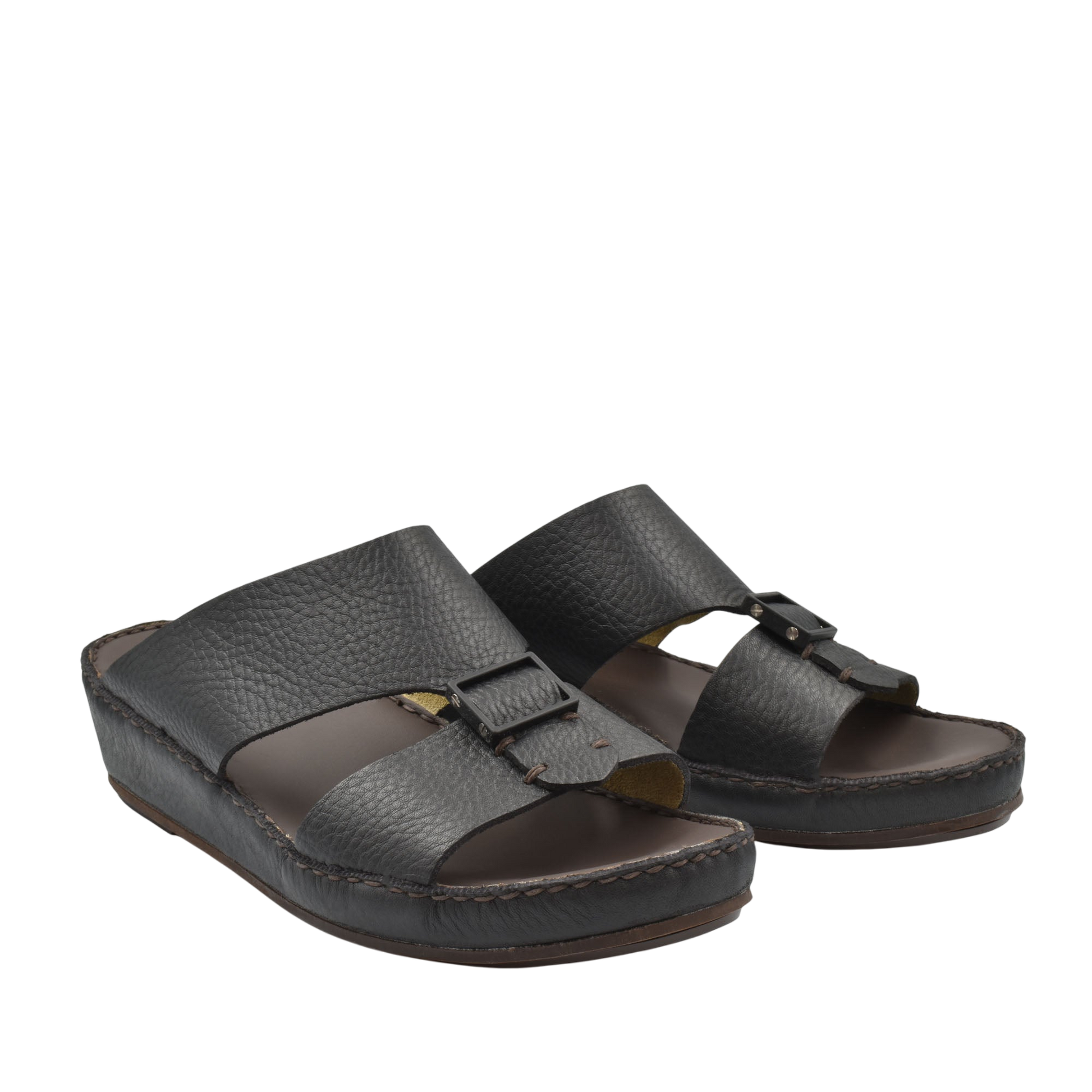 Black deercalf leather sandals with adjustable straps and cushioned sole for comfort