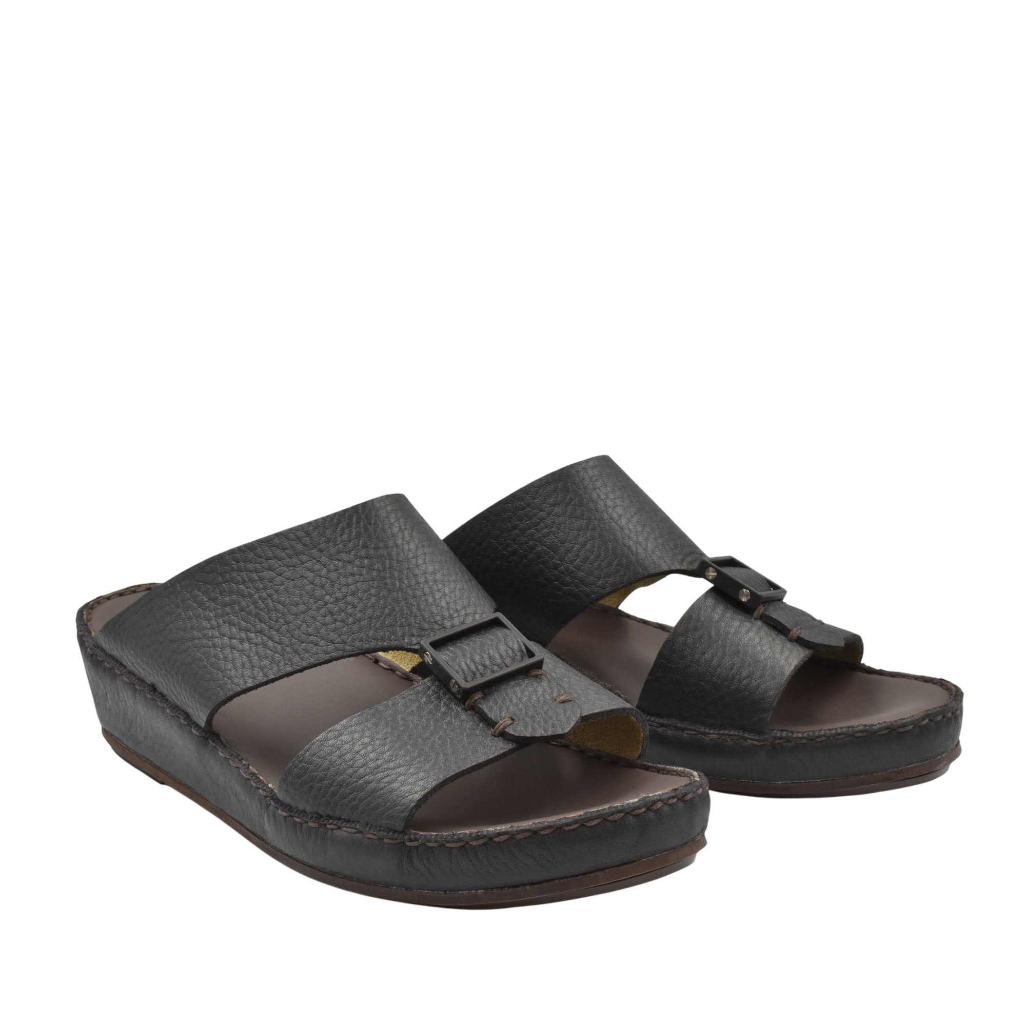 Black deercalf leather sandals with adjustable straps and cushioned sole for comfort