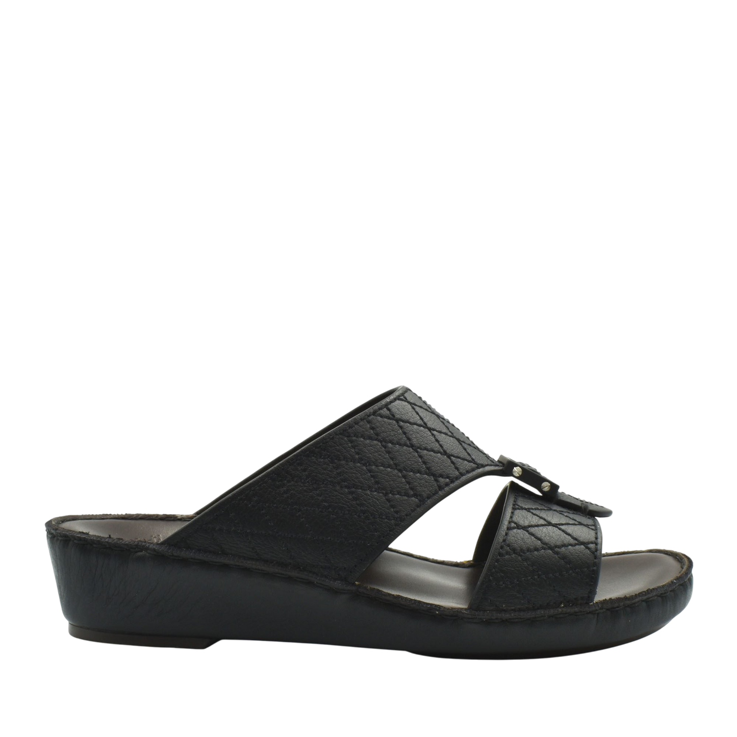 Black deercalf leather sandals with quilted straps and cushioned wedge sole for comfortable wear