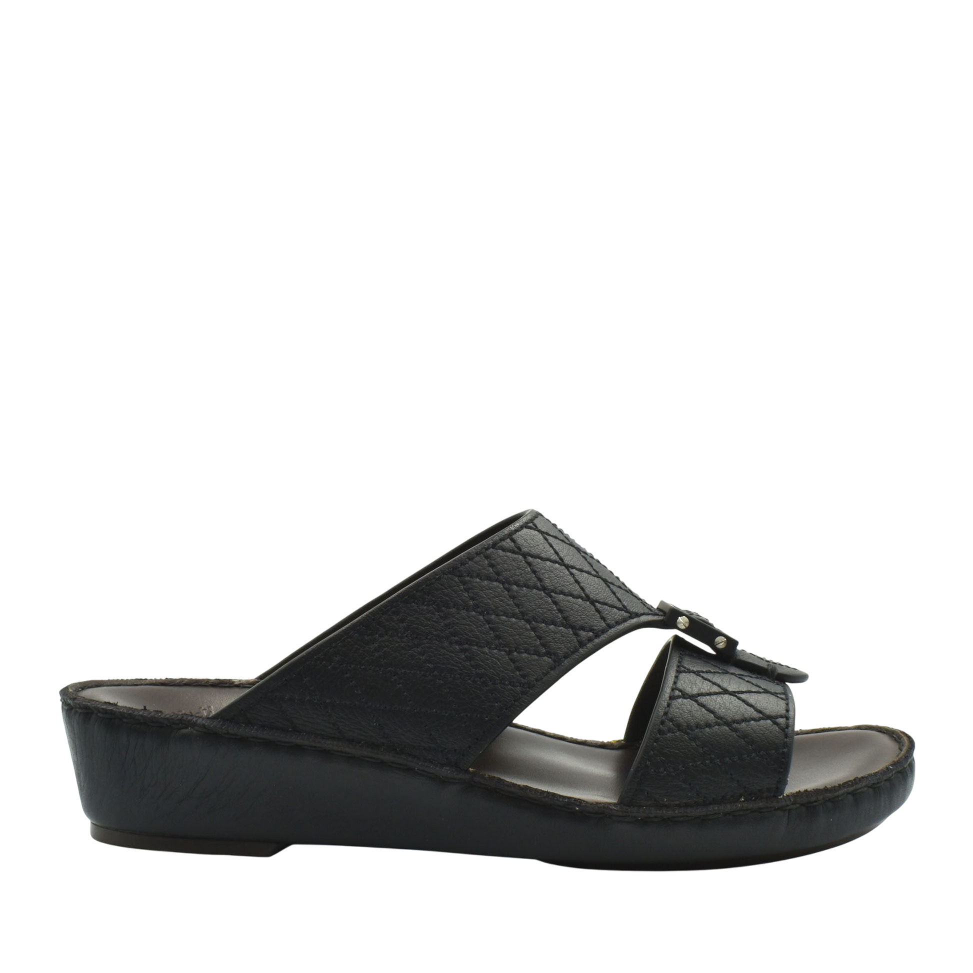 Black deercalf leather sandals with quilted straps and cushioned wedge sole for comfortable wear