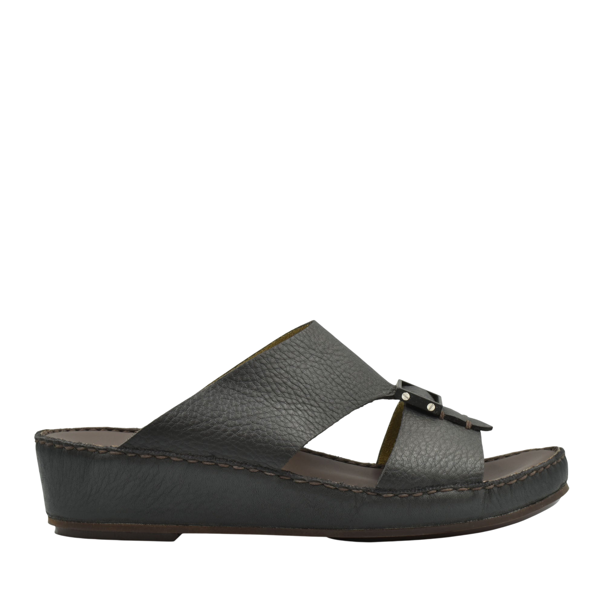 Black deercalf leather sandals with wedge sole and open toe design from Private Collection
