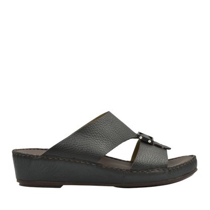Black deercalf leather sandals with wedge sole and open toe design from Private Collection