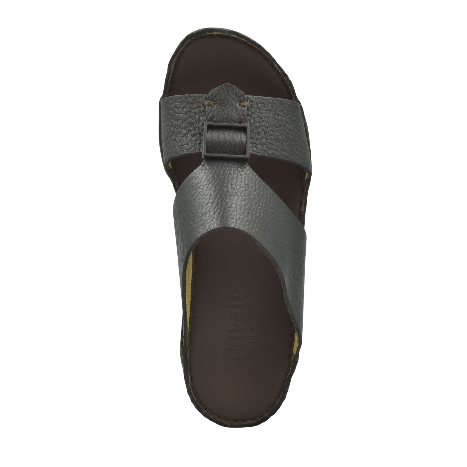 Top view of gray deercalf leather sandals with buckle strap and cushioned footbed