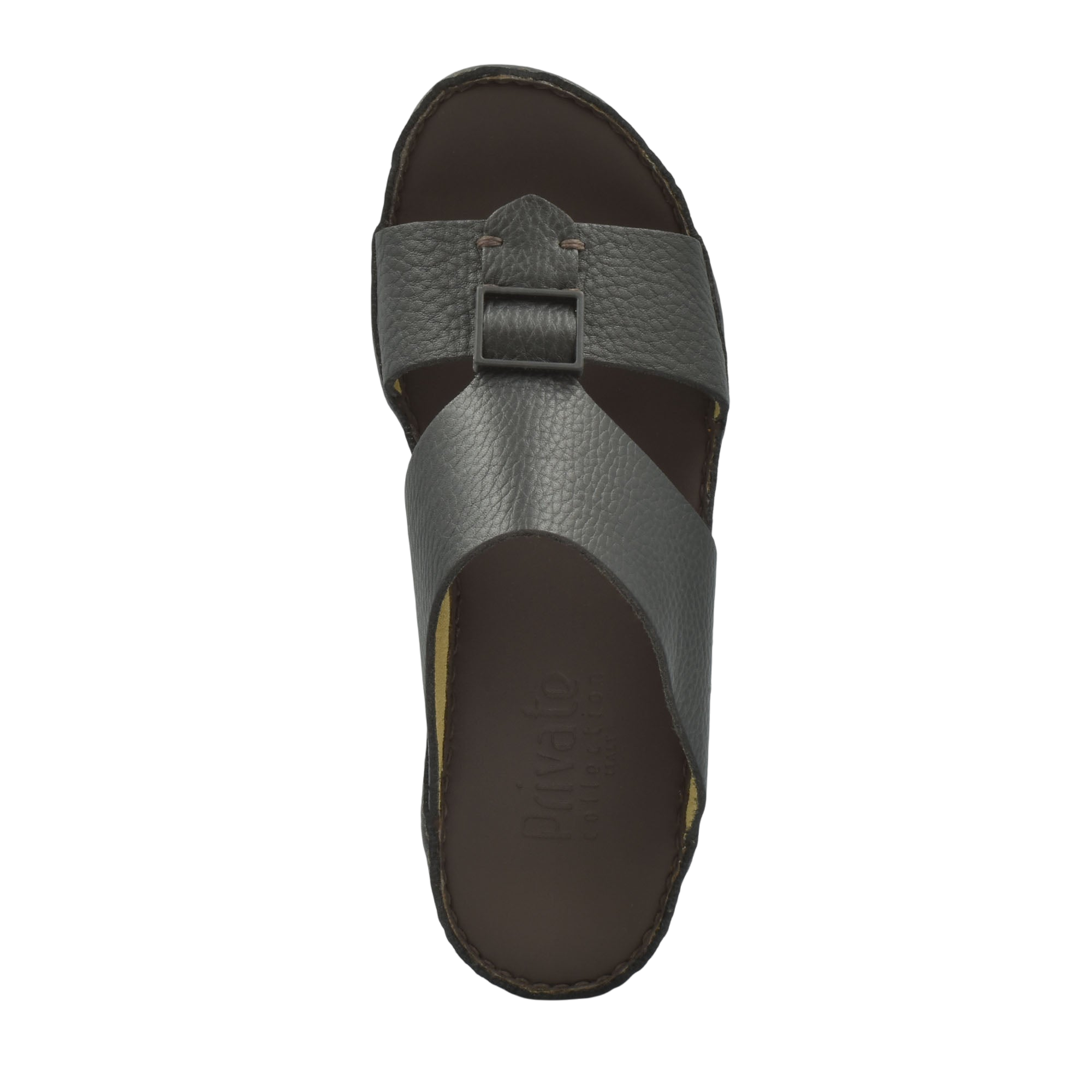 Top view of gray deercalf leather sandals with buckle strap and cushioned footbed