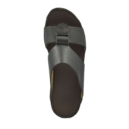 Top view of gray deercalf leather sandals with buckle strap and cushioned footbed