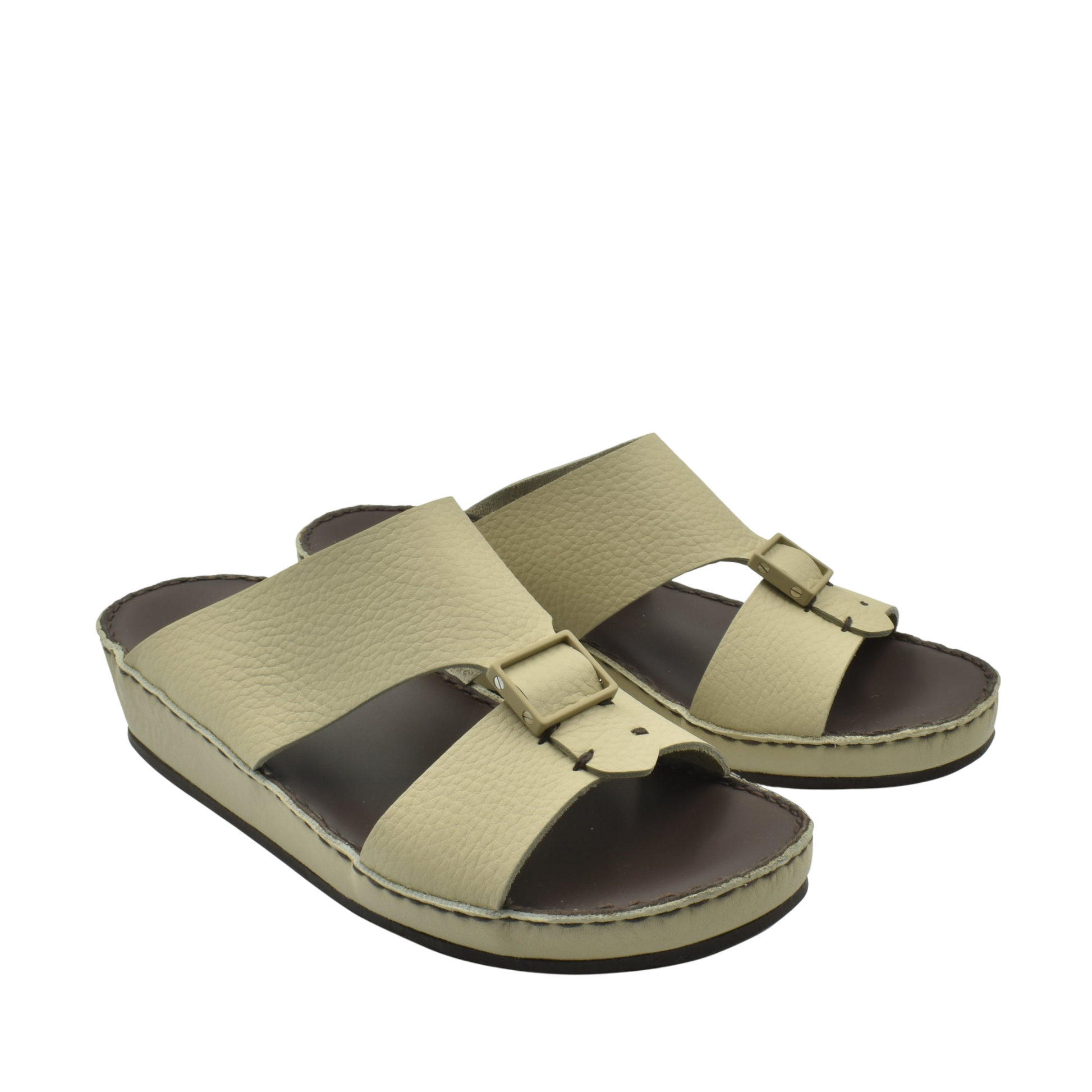 Beige deercalf leather sandals with adjustable buckles and cushioned brown footbed