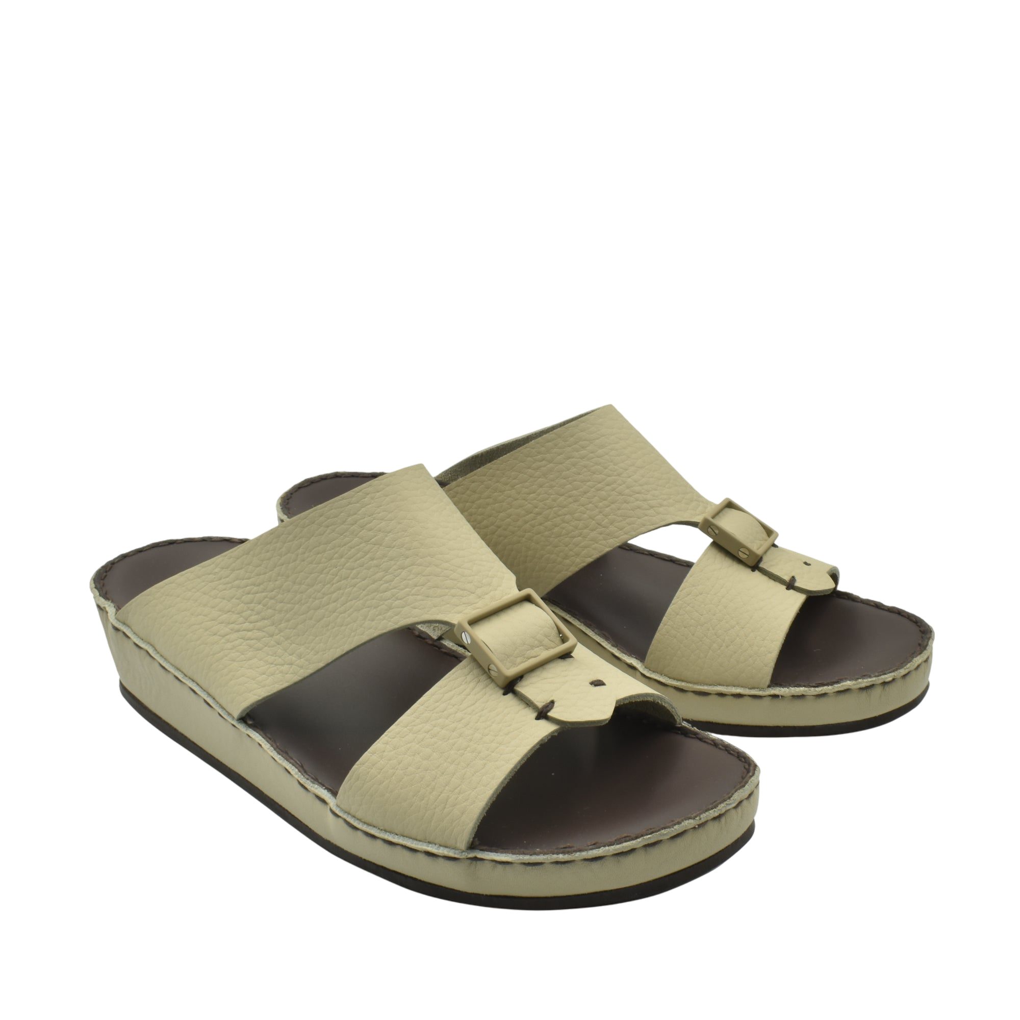 Beige deercalf leather sandals with adjustable buckles and cushioned brown footbed