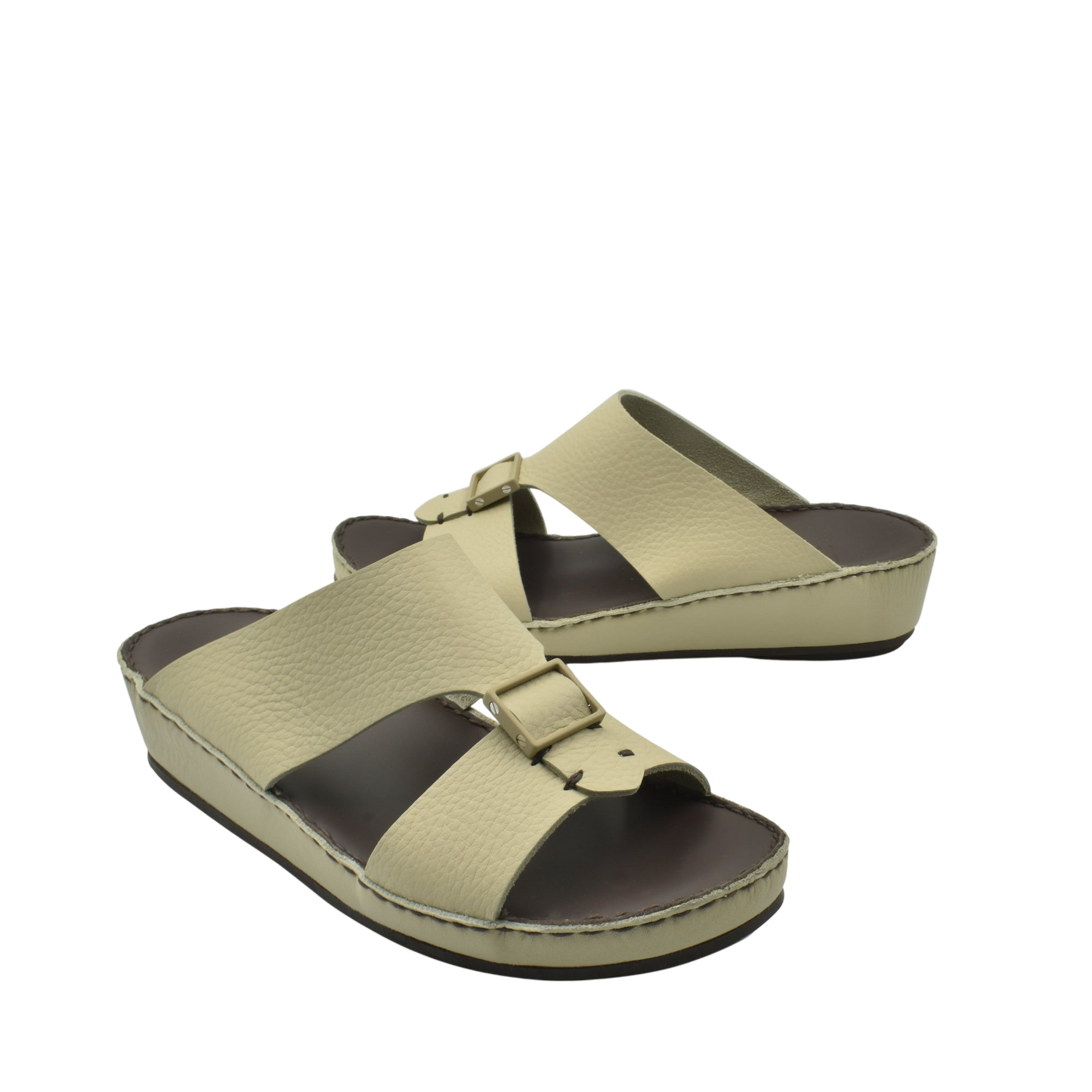 Beige deercalf leather sandals with adjustable buckle straps and cushioned soles for comfort