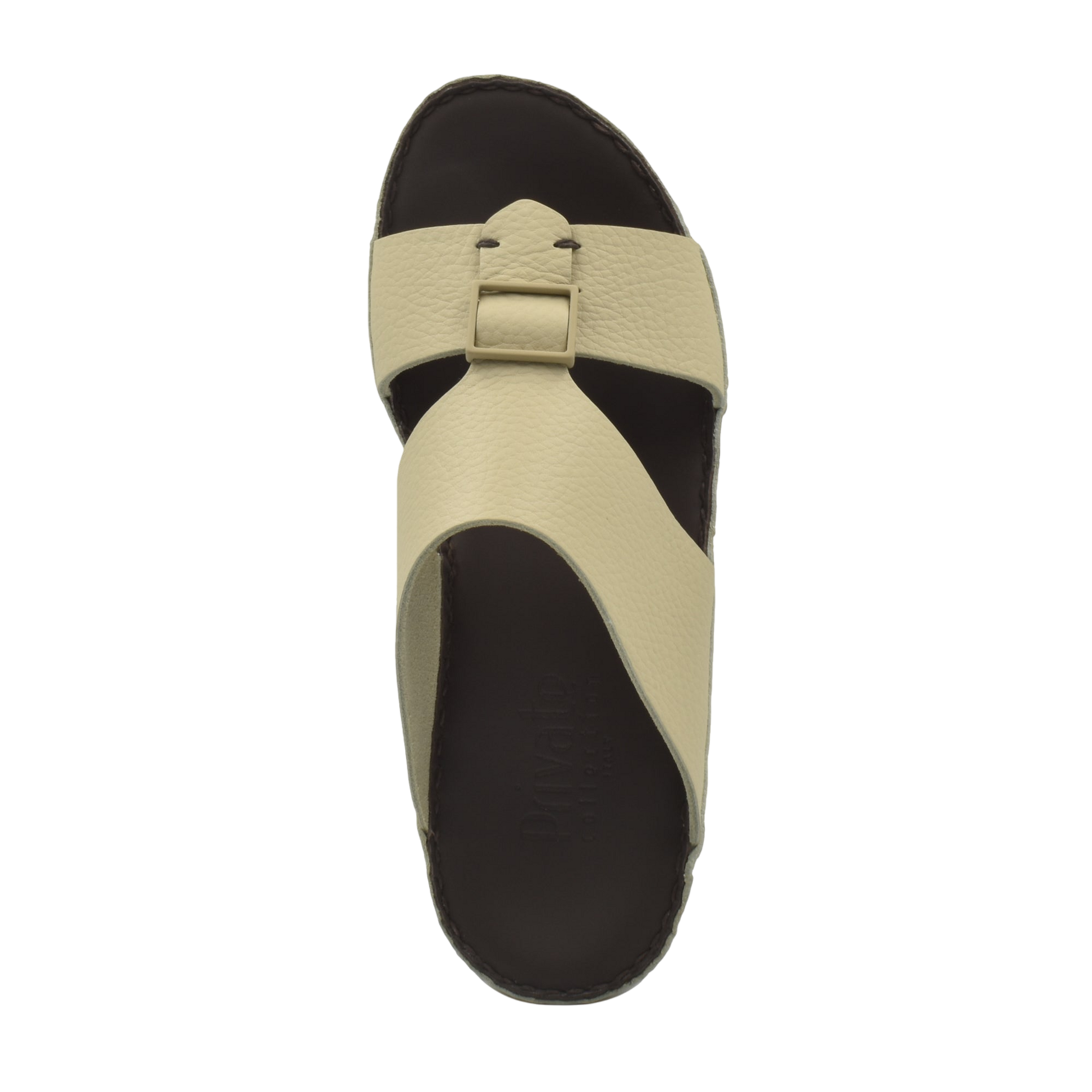 Beige deercalf leather sandals with cushioned dark brown footbed and adjustable strap