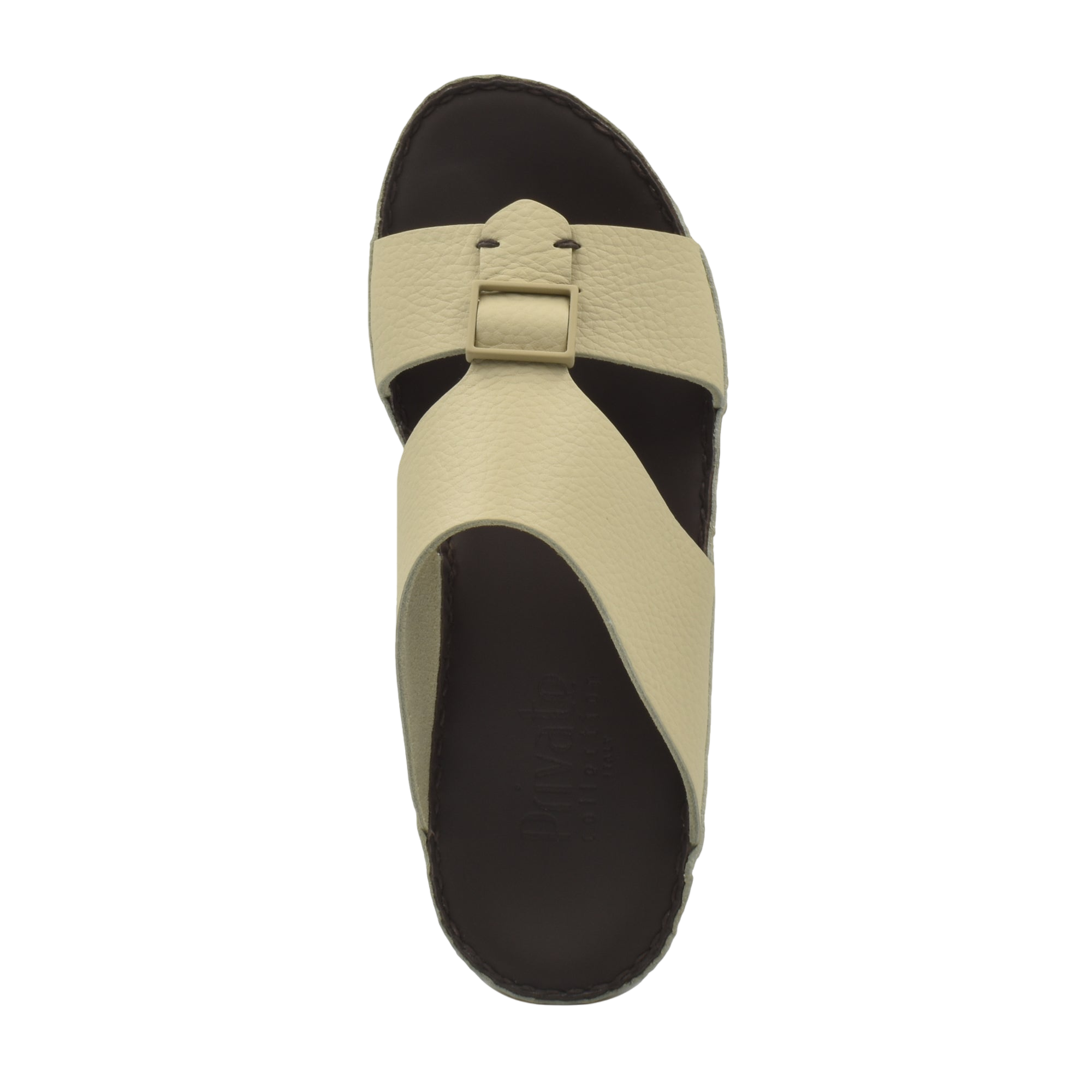 Beige deercalf leather sandals with cushioned dark brown footbed and adjustable strap