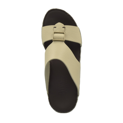 Beige deercalf leather sandals with cushioned dark brown footbed and adjustable strap