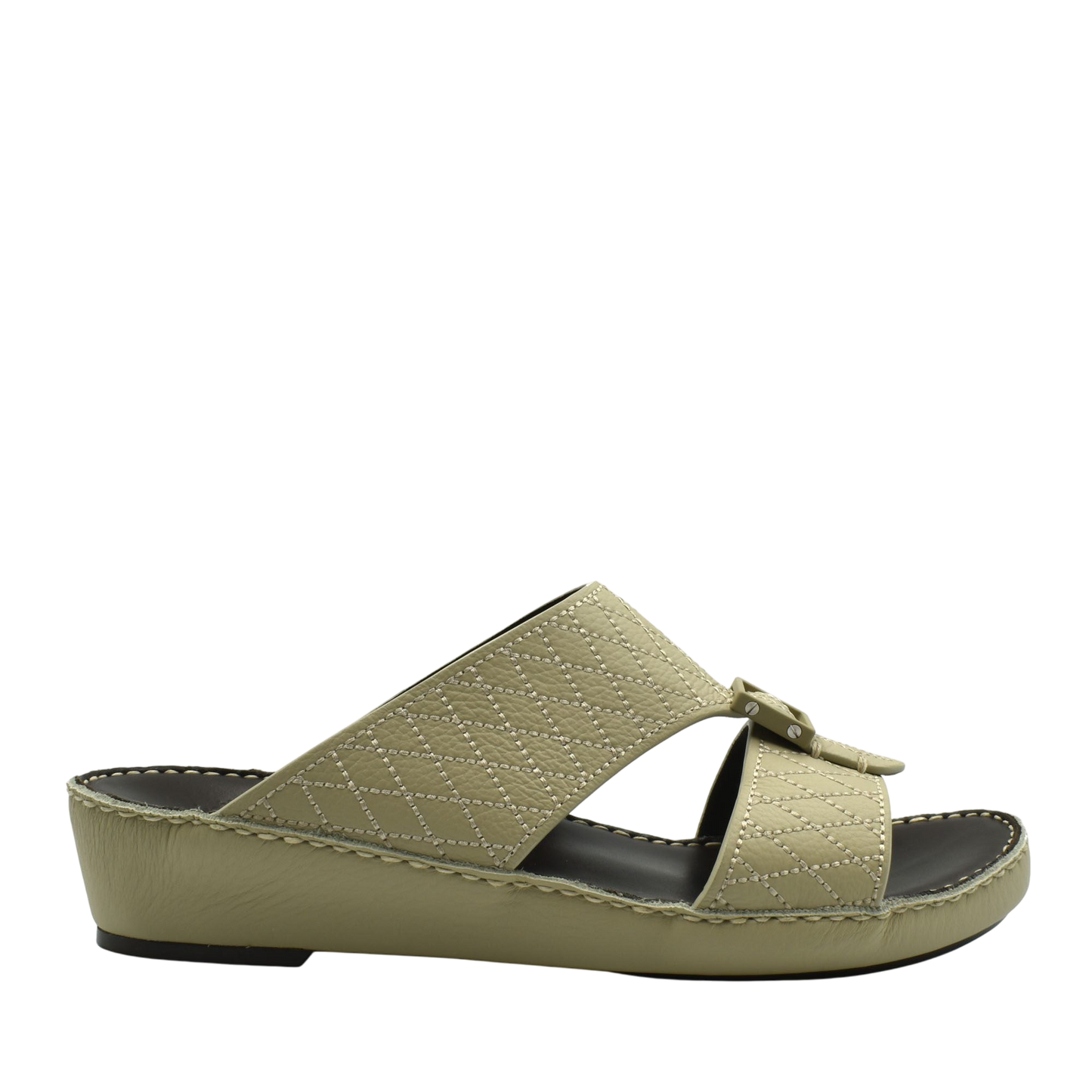 Beige deercalf leather sandals with quilted straps and low wedge sole for comfortable wear