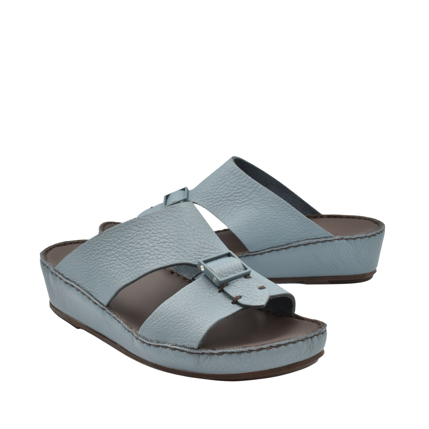 Light blue deercalf leather sandals with adjustable buckle straps and cushioned sole