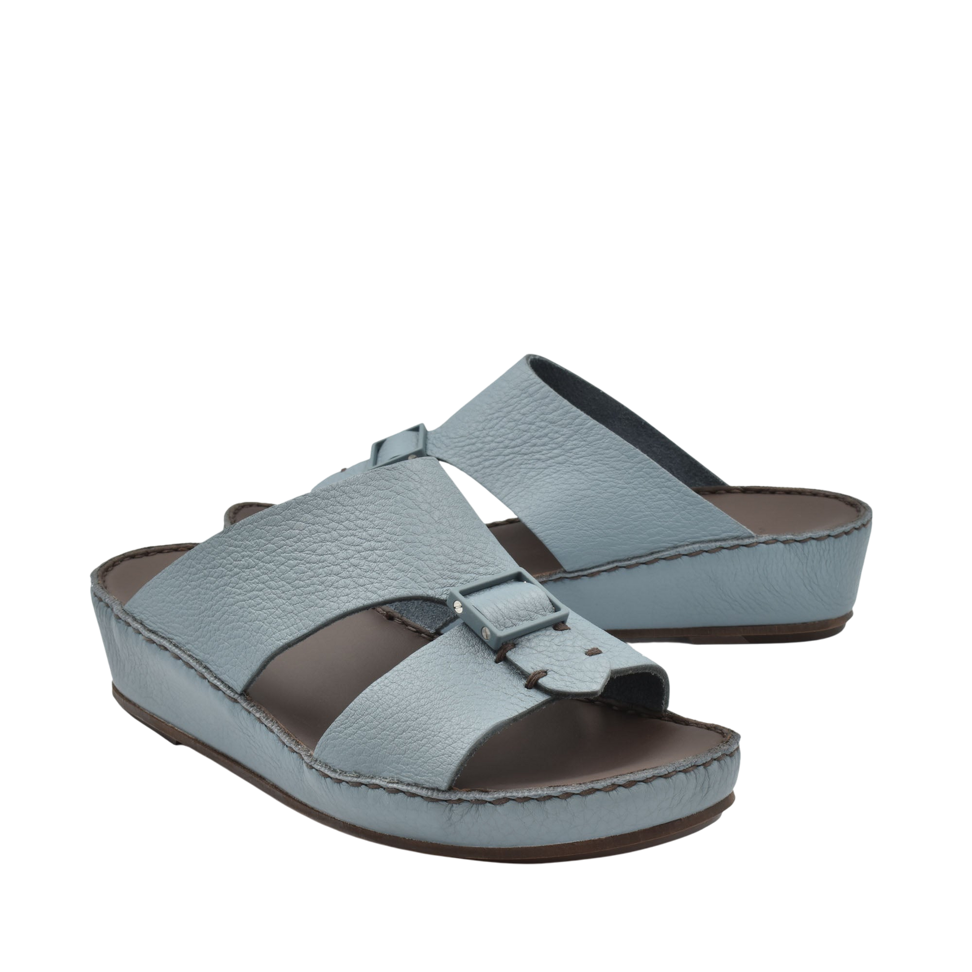 Light blue deercalf leather sandals with adjustable buckle straps and cushioned sole