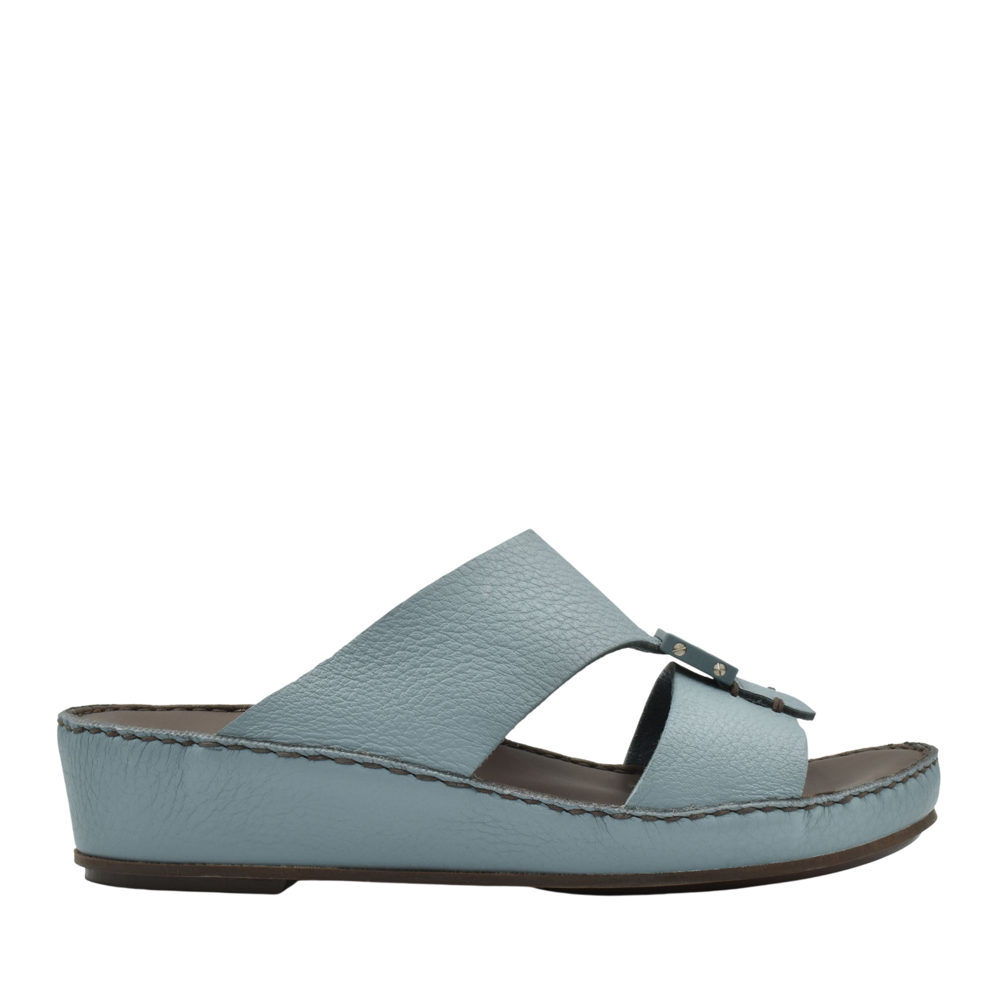 Light blue deercalf leather sandals with wedge sole and stitched detailing from Private collection
