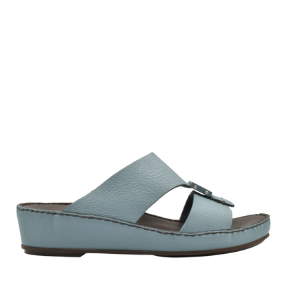 Light blue deercalf leather sandals with wedge sole and stitched detailing from Private collection
