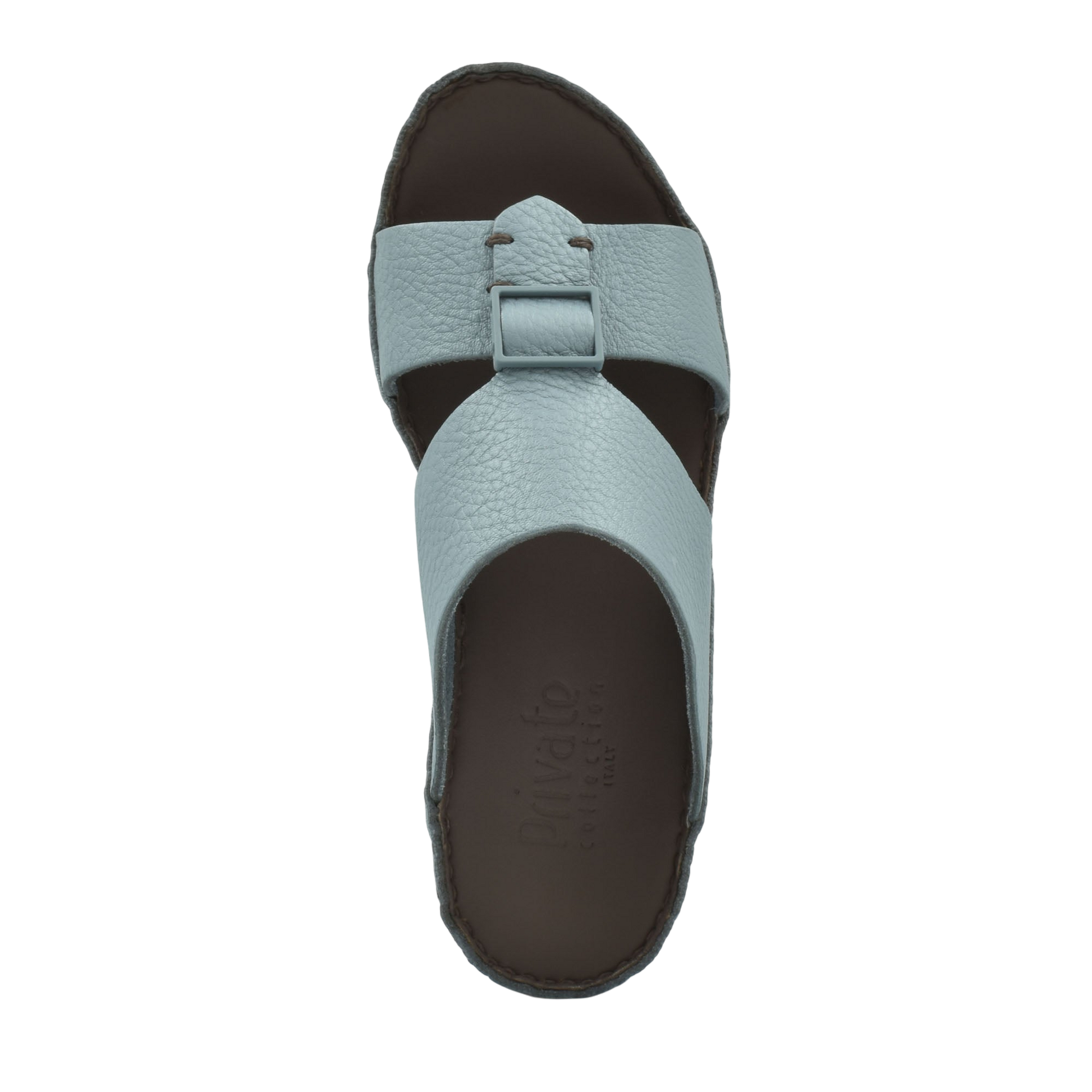 Light blue deercalf leather sandals with buckle strap and cushioned brown sole from Private Collection