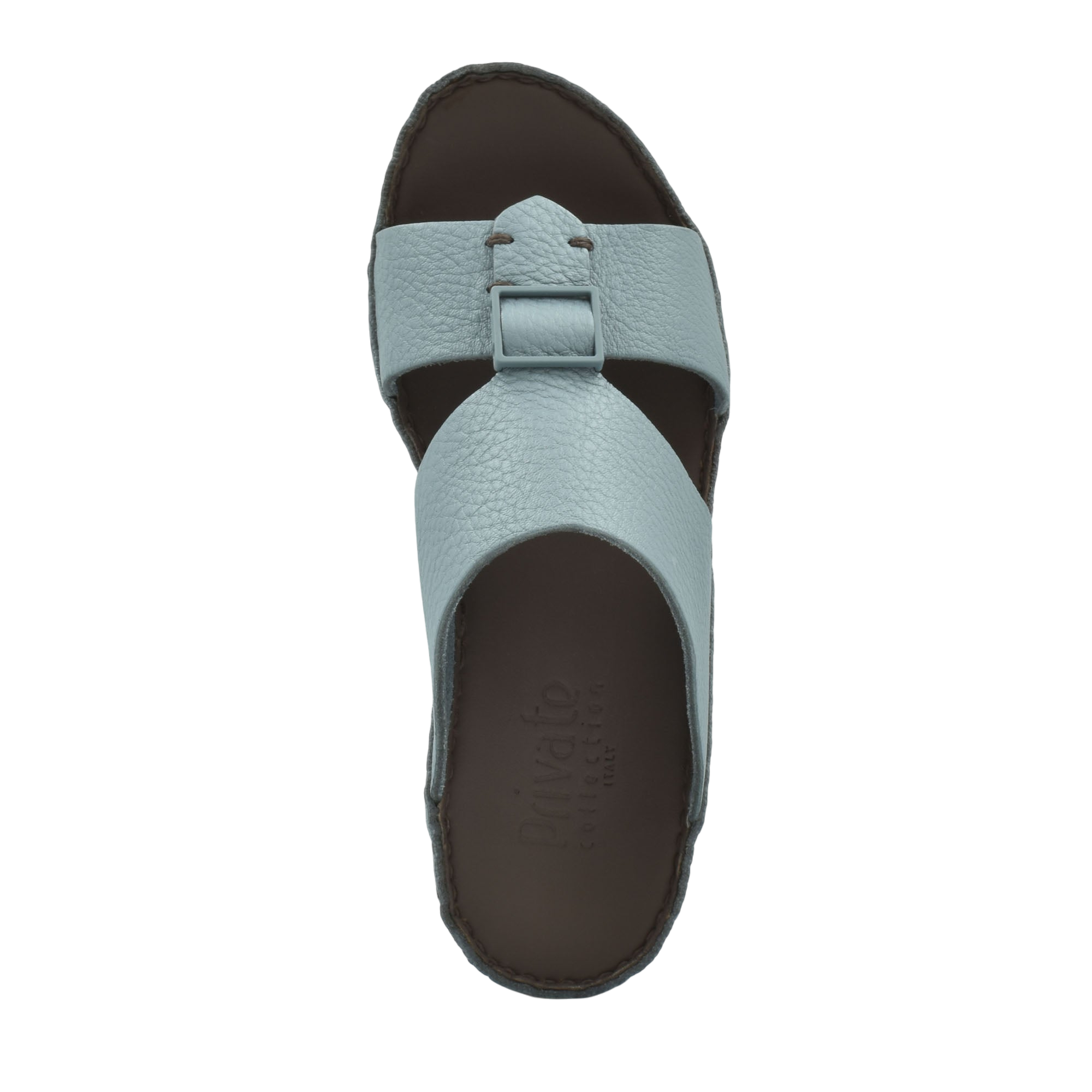 Light blue deercalf leather sandals with buckle strap and cushioned brown sole from Private Collection