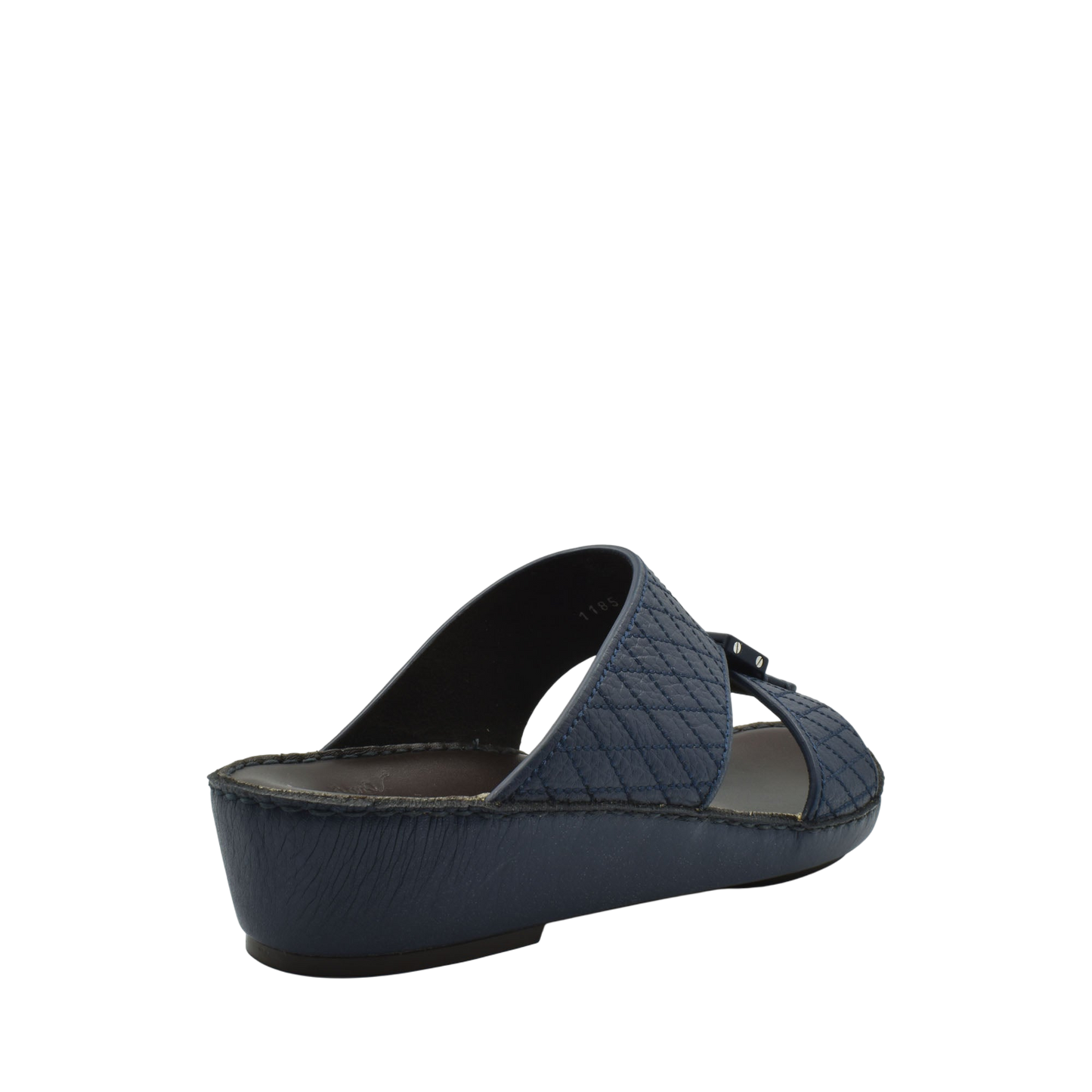 Navy blue deercalf leather sandals with quilted upper and low wedge heel from private collection