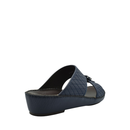 Navy blue deercalf leather sandals with quilted upper and low wedge heel from private collection