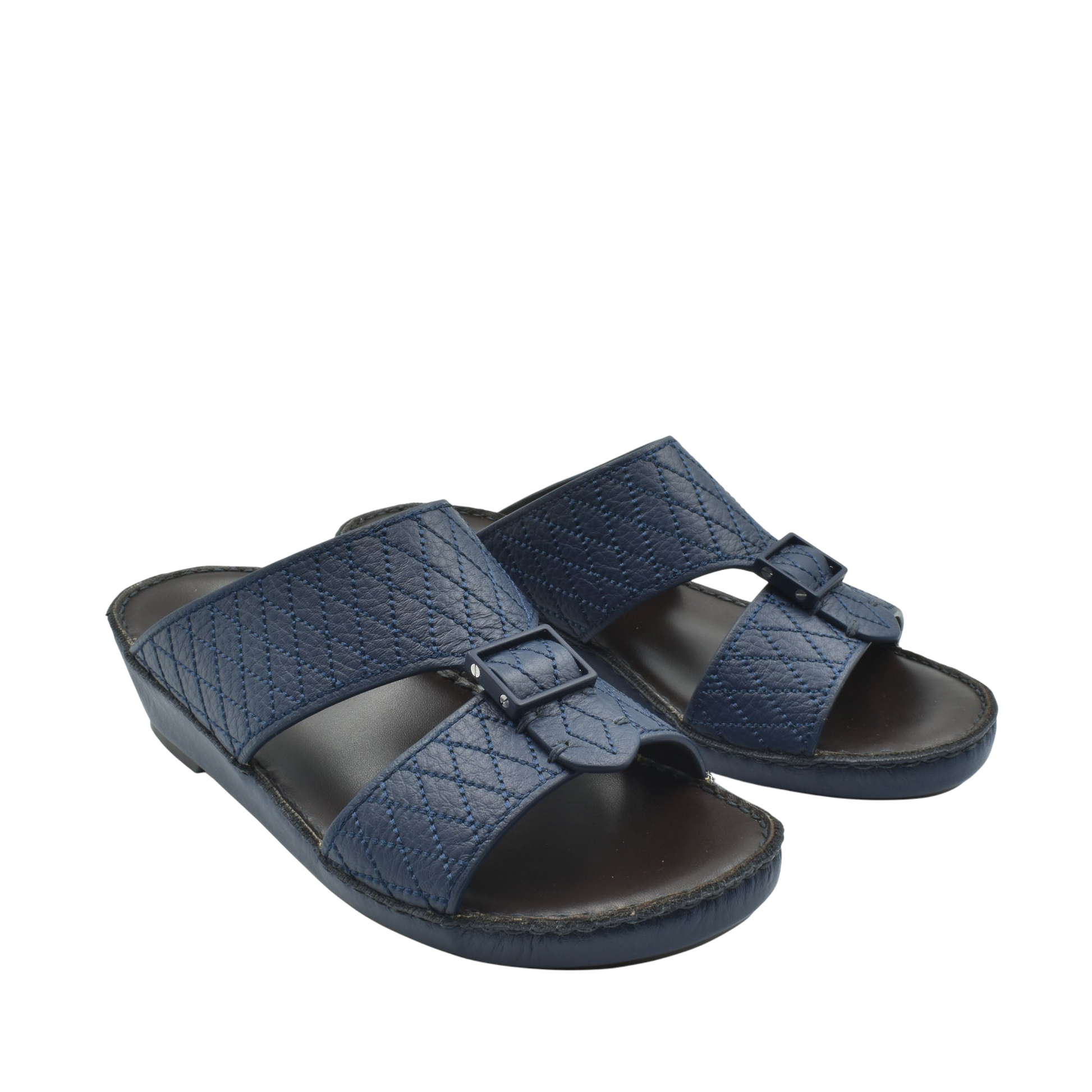 Blue deercalf leather sandals with quilted pattern and adjustable buckle straps from Private Collection