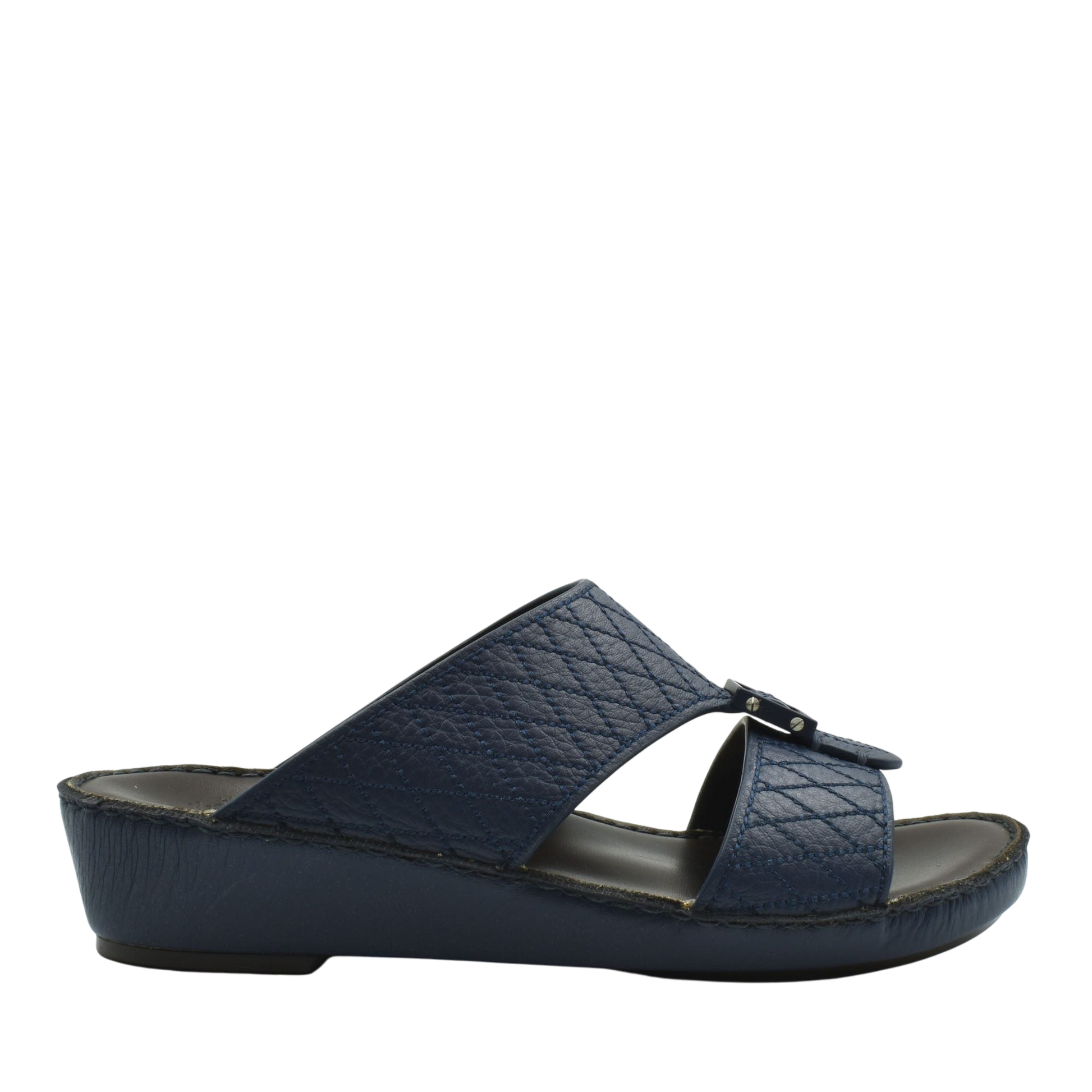 Navy blue deercalf leather sandals with quilted straps and cushioned sole from private collection