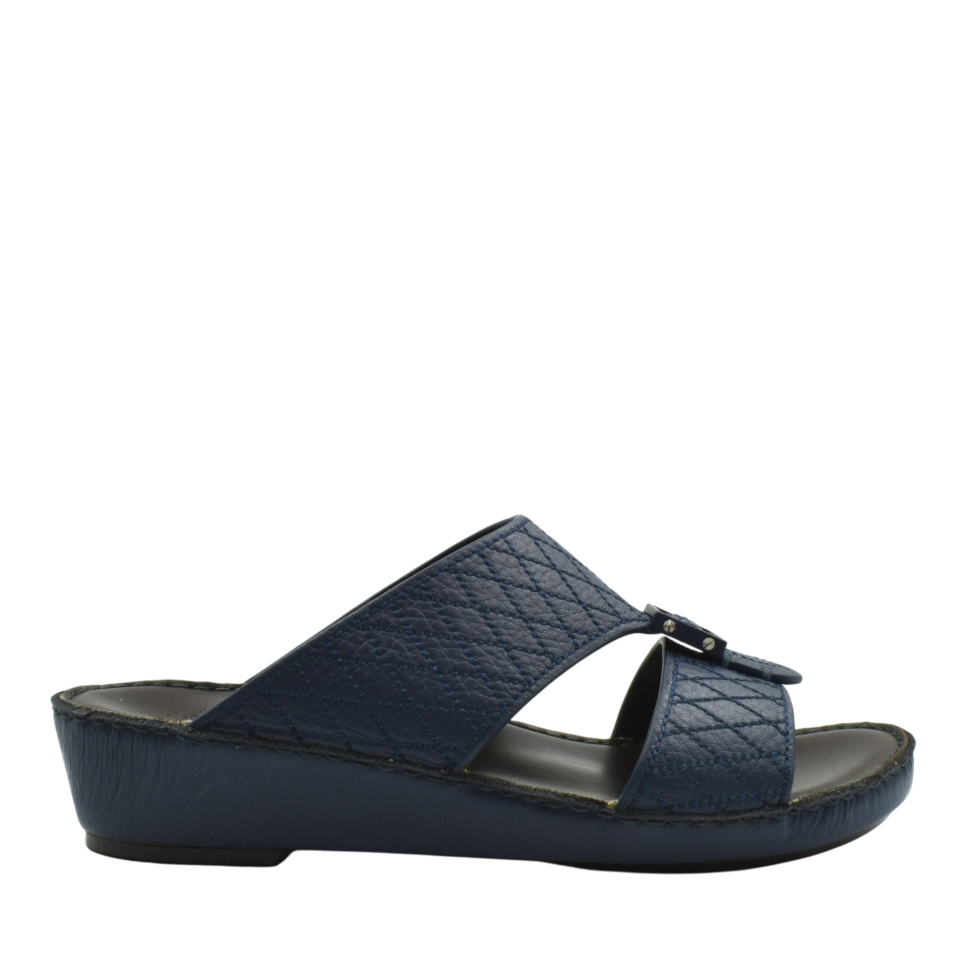 Navy blue deercalf leather sandals with quilted straps and cushioned sole from private collection