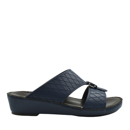 Navy blue deercalf leather sandals with quilted straps and cushioned sole from private collection
