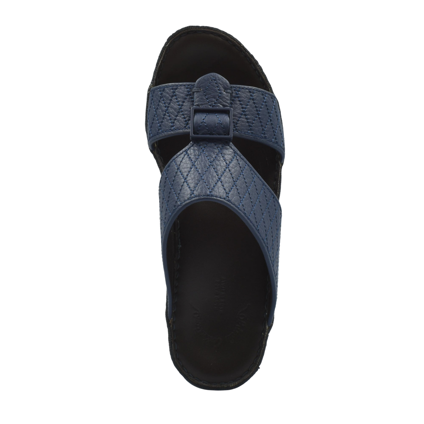 Top view of navy blue deercalf leather sandals with quilted straps and black sole