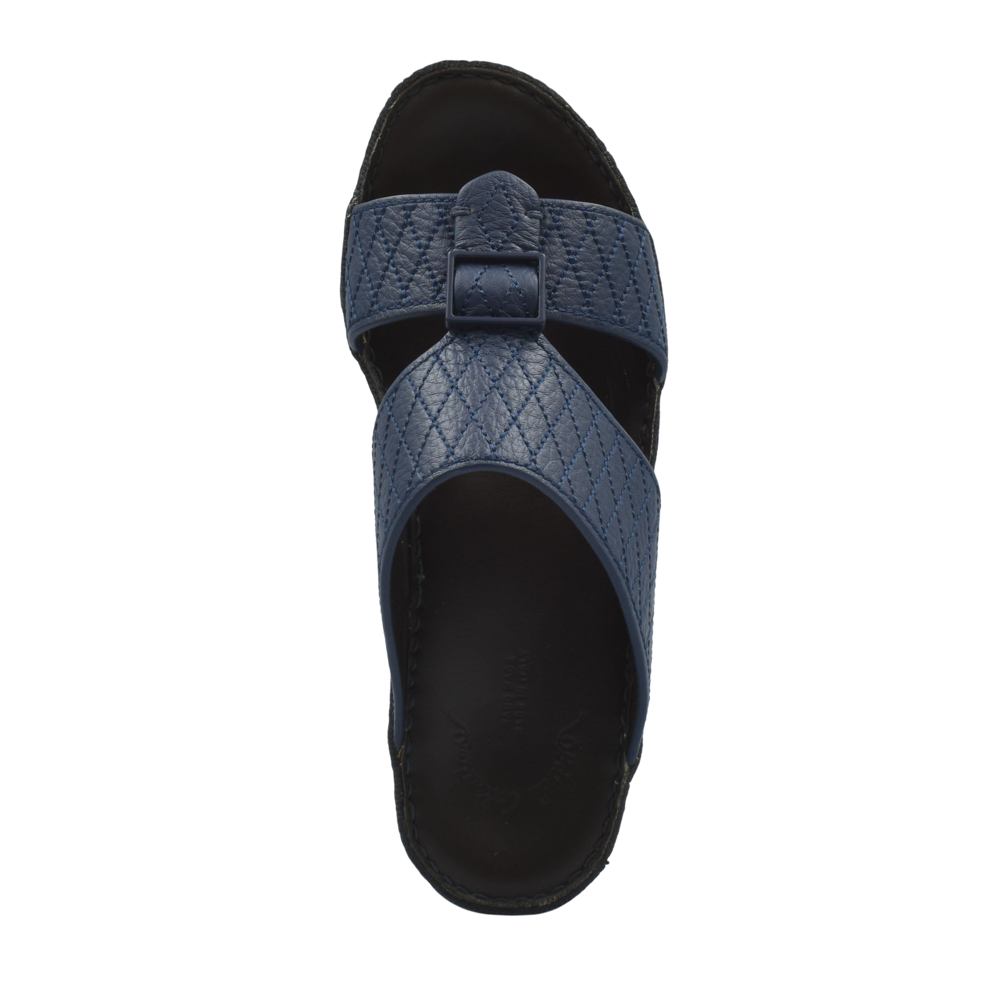 Top view of navy blue deercalf leather sandals with quilted straps and black sole