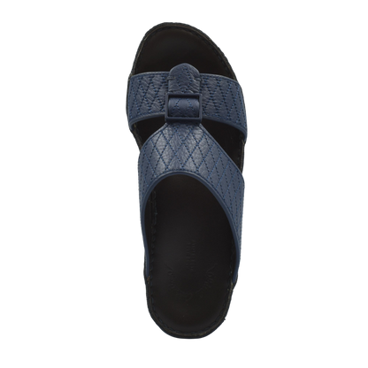 Top view of navy blue deercalf leather sandals with quilted straps and black sole