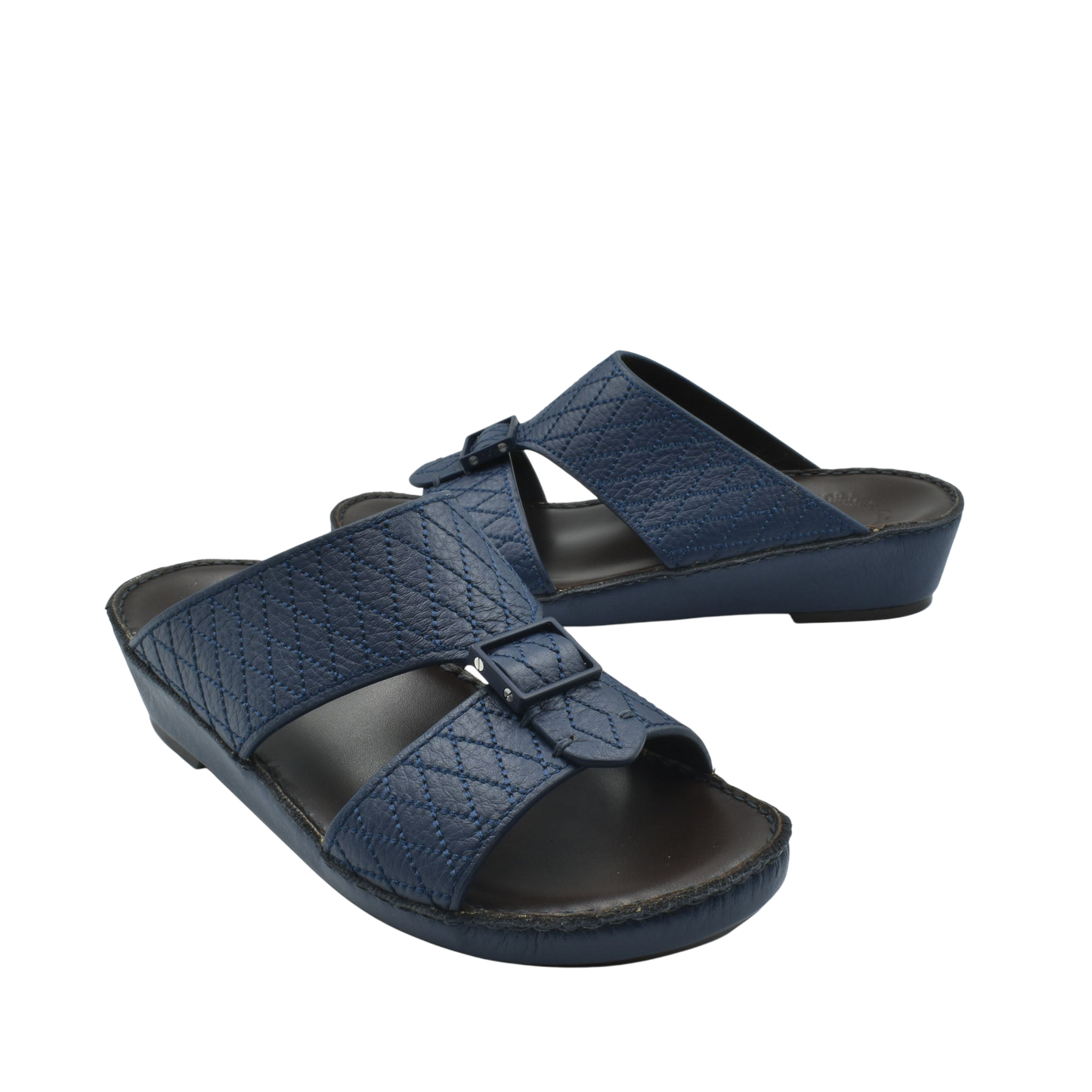 Blue deercalf leather sandals with adjustable buckle straps and cushioned black sole
