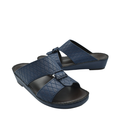 Blue deercalf leather sandals with adjustable buckle straps and cushioned black sole