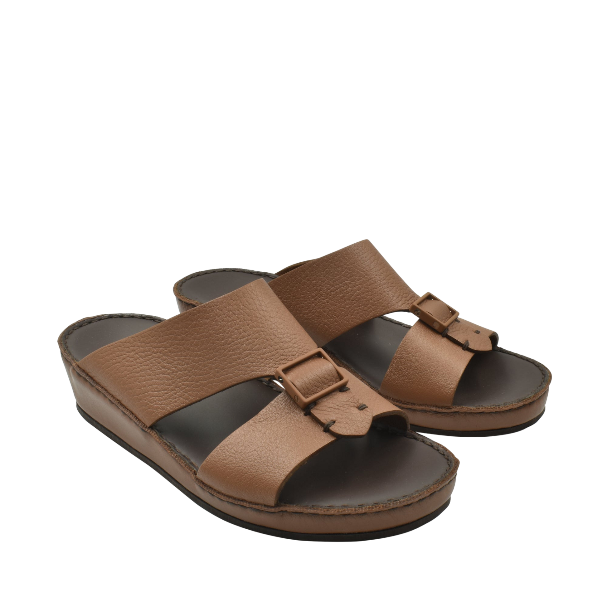 Brown deercalf leather sandals with adjustable buckle straps and cushioned soles