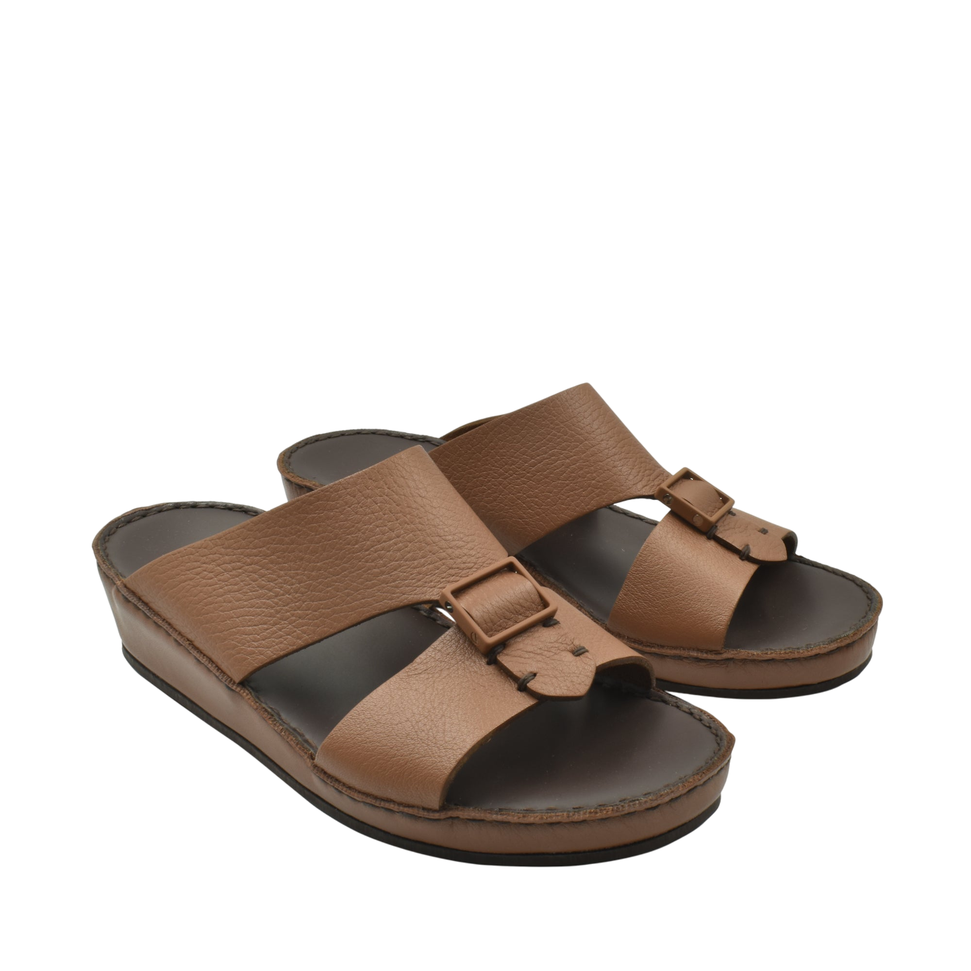 Brown deercalf leather sandals with adjustable buckle straps and cushioned soles