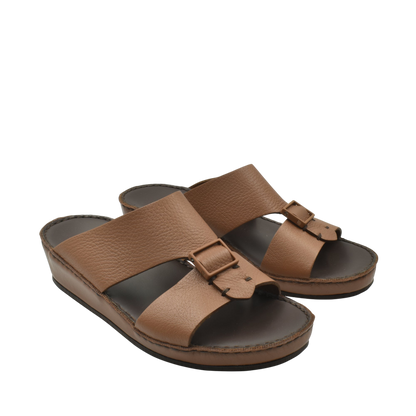 Brown deercalf leather sandals with adjustable buckle straps and cushioned soles