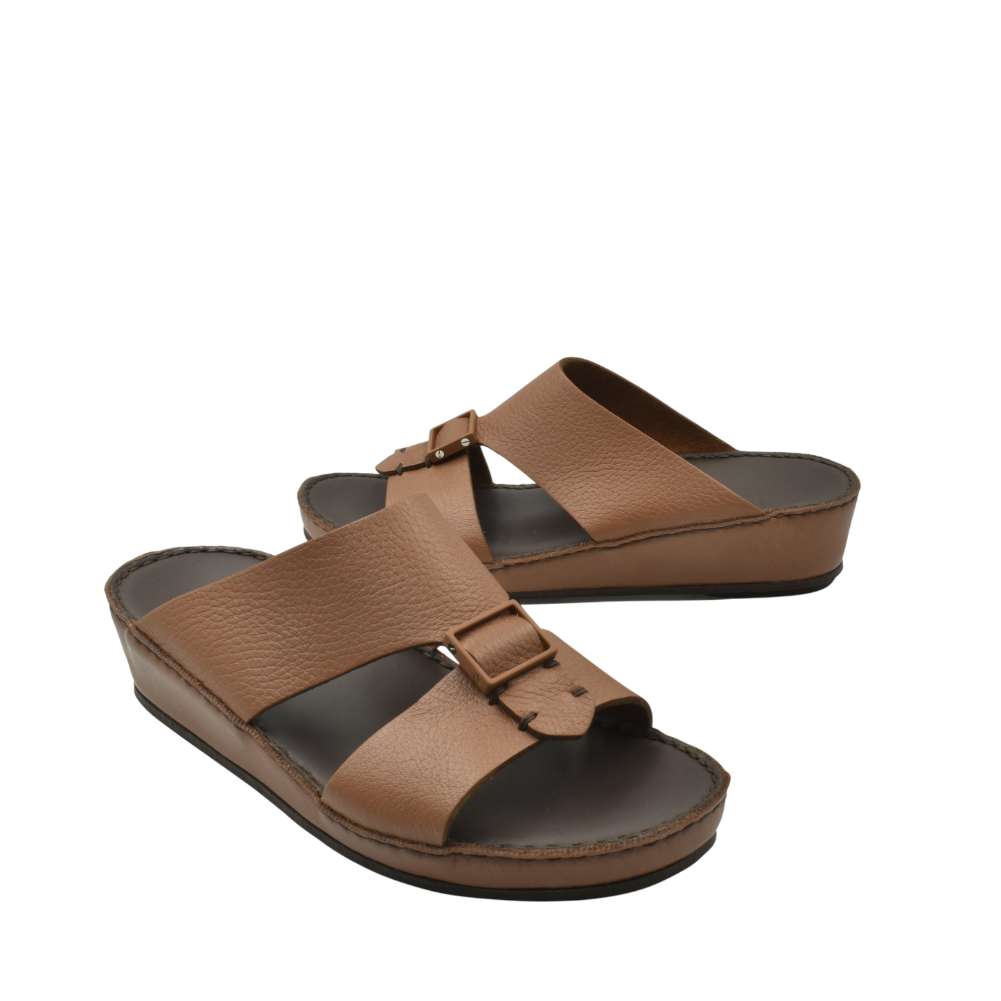 Brown deercalf leather sandals with adjustable buckle straps and cushioned sole for comfort
