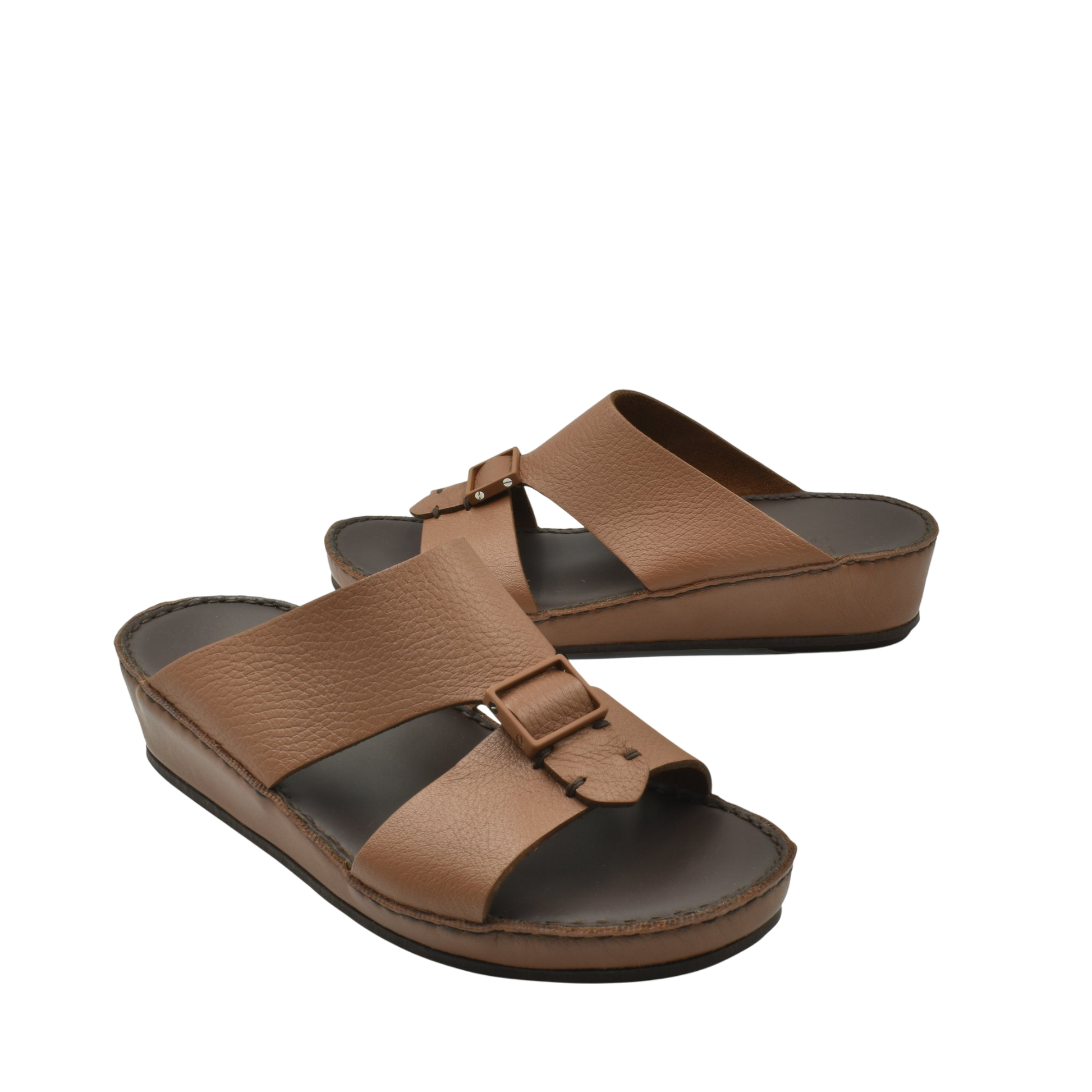 Brown deercalf leather sandals with adjustable buckle straps and cushioned sole for comfort