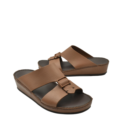 Brown deercalf leather sandals with adjustable buckle straps and cushioned sole for comfort