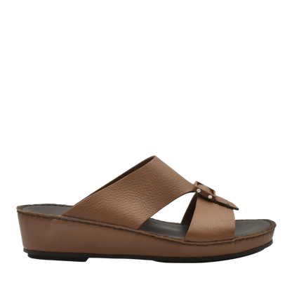 Brown deercalf leather sandals with wedge sole and open toe design for comfortable wear