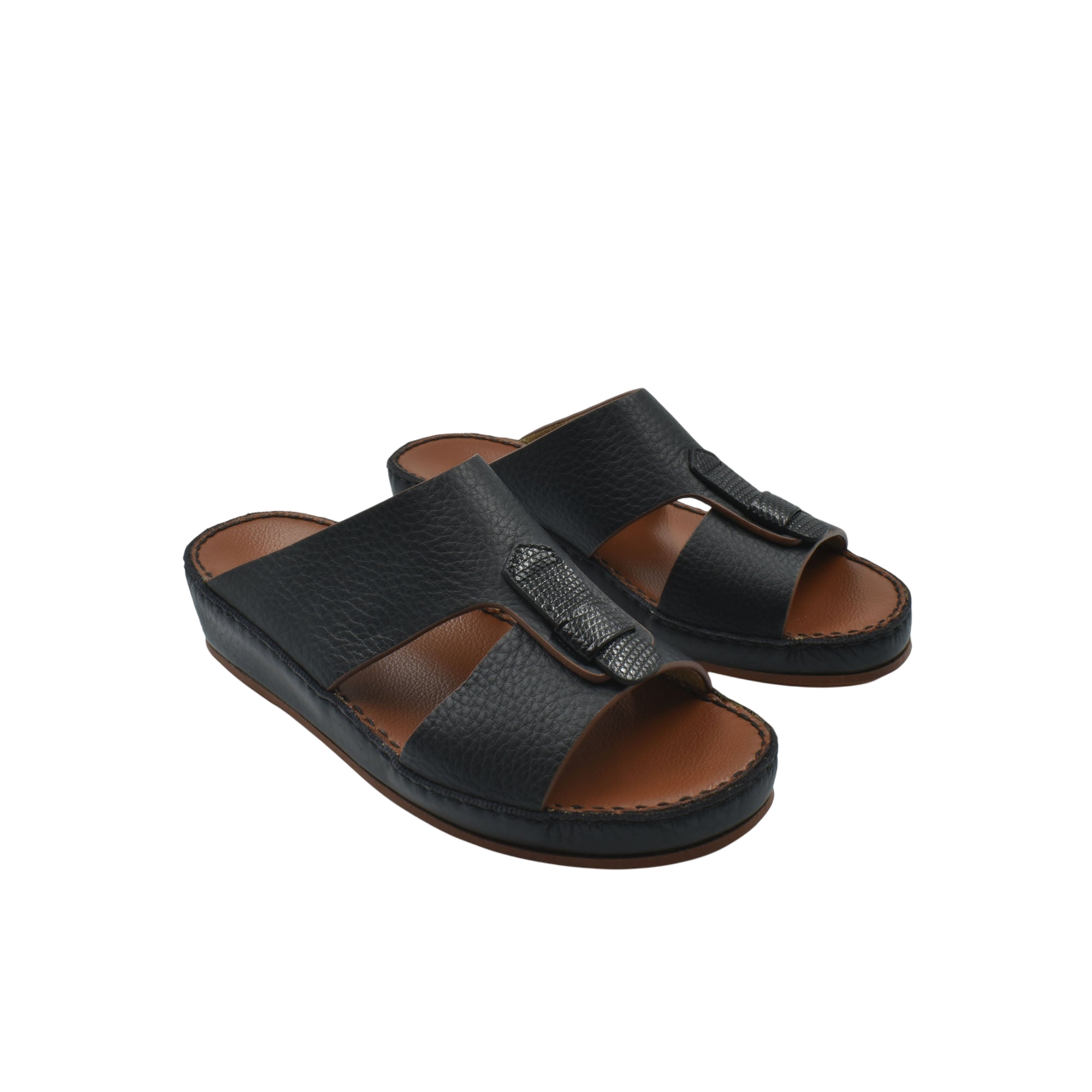 Black deercalf lizard sandals for kids with open toe and textured strap design