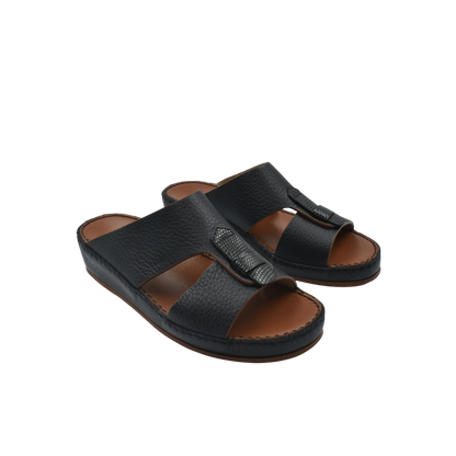 Black deercalf lizard sandals for kids with open toe and textured strap design
