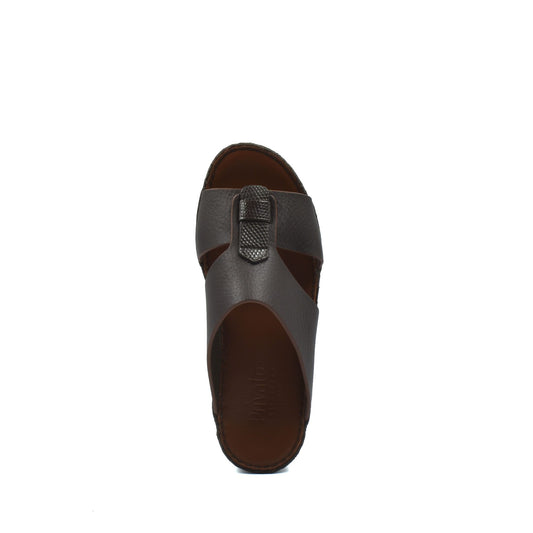 Top view of brown deercalf lizard sandals for kids with textured strap from Private collection