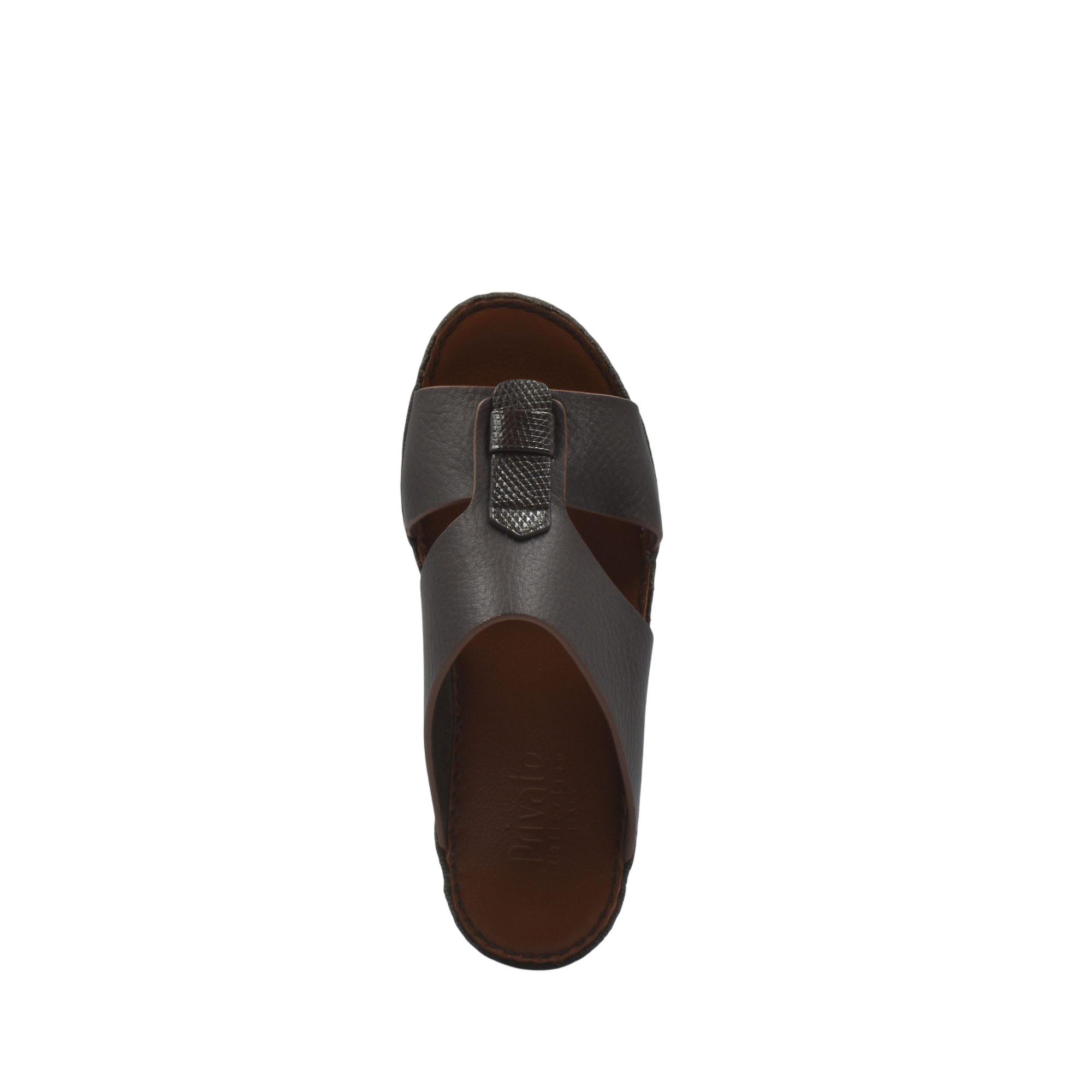 Top view of brown deercalf lizard sandals for kids with textured strap from Private collection