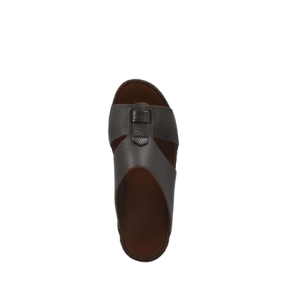 Top view of brown deercalf lizard sandals for kids with textured strap from Private collection